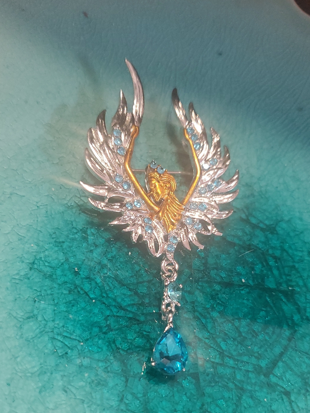 Gold & Silver Winged Angel Brooch with Blue Crystal Drop D